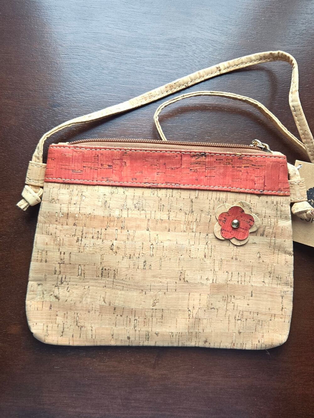 NWT Cork Crossbody Bag with Coral Trim and Floral Accent